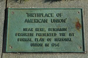 Albany, "Birthplace of American Union" - 1st Formal Plan of Nation Union, 1754 by Benjamin Franklin (sidewalk plaque)